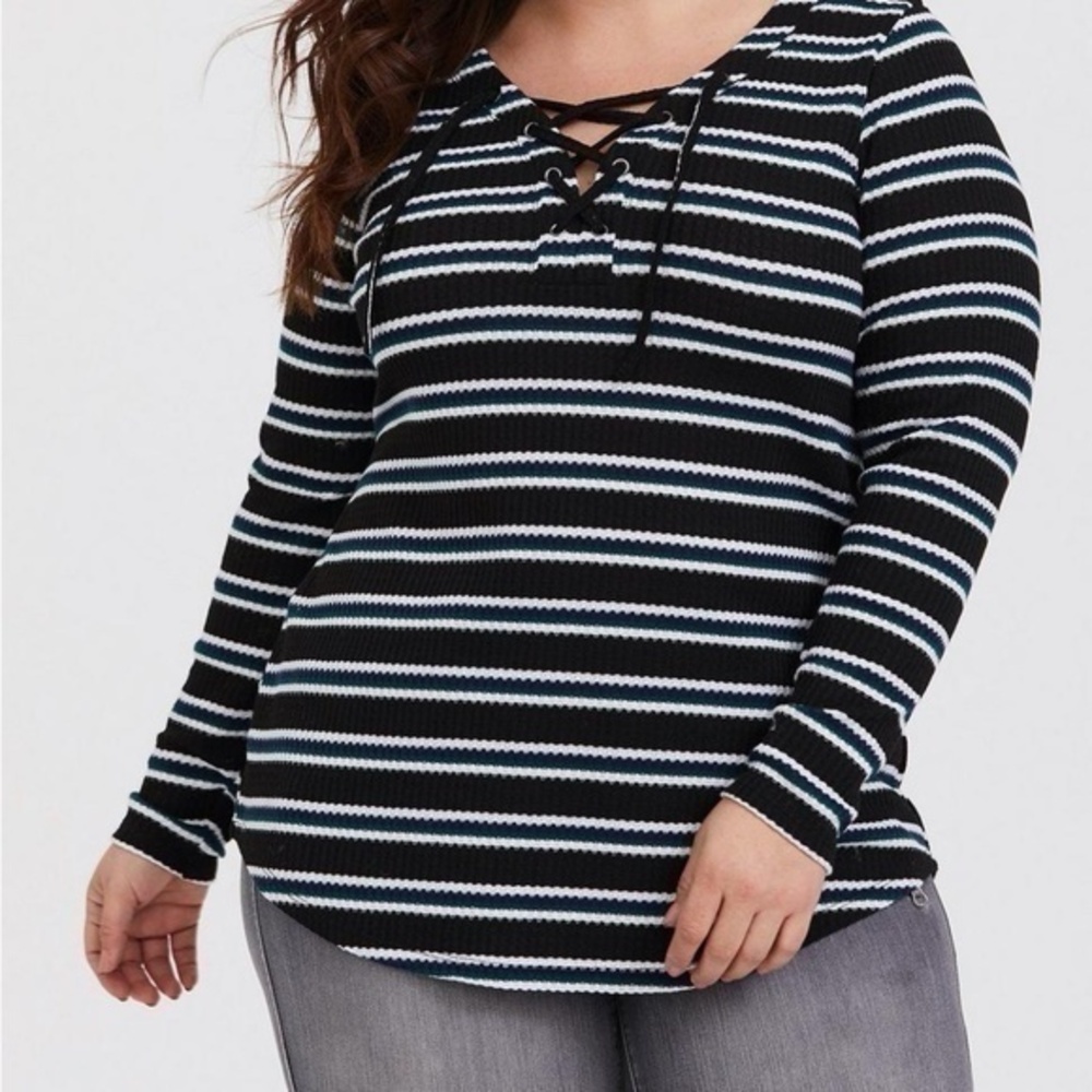 Torrid Waffle Knit Long Sleeve V-Neck Lace-Up Striped Shirt Top Size 2X